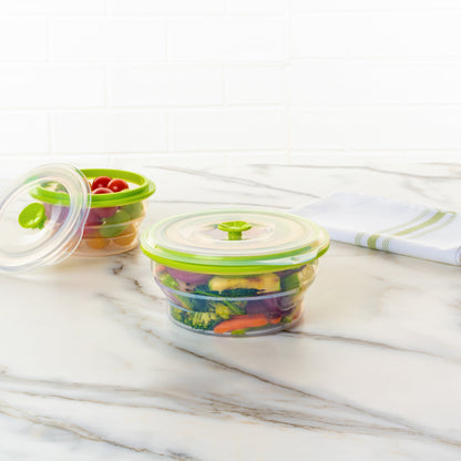 Fresh Hero 31 oz Green Silicone Airtight Food Storage Container - with Vented Lid, Collapsible - 7" x 7" x 3" - 20 count box