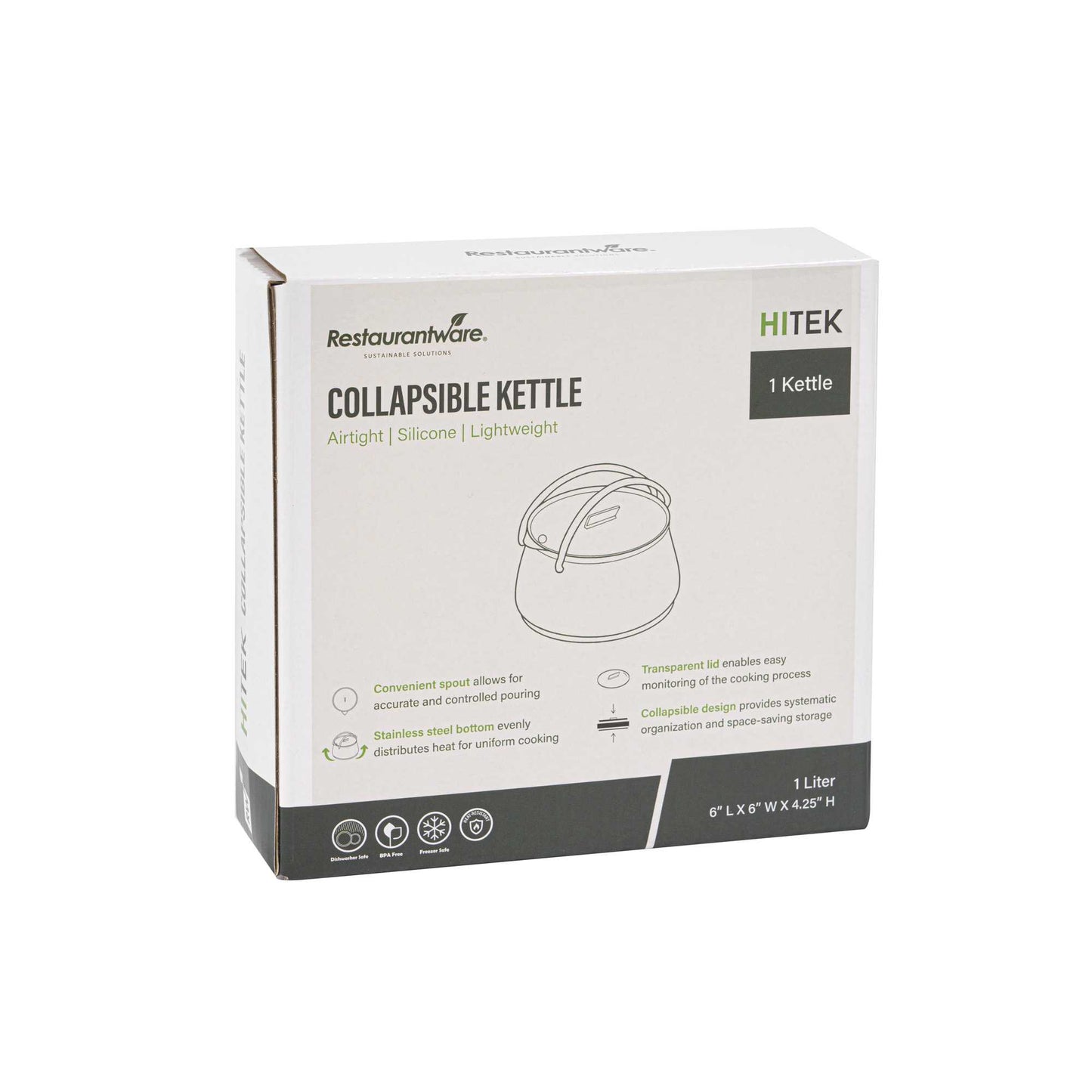 Hi Tek 1L Green Silicone Collapsible Kettle - with Lid - 6" x 6" x 4 1/4" - 1 count box