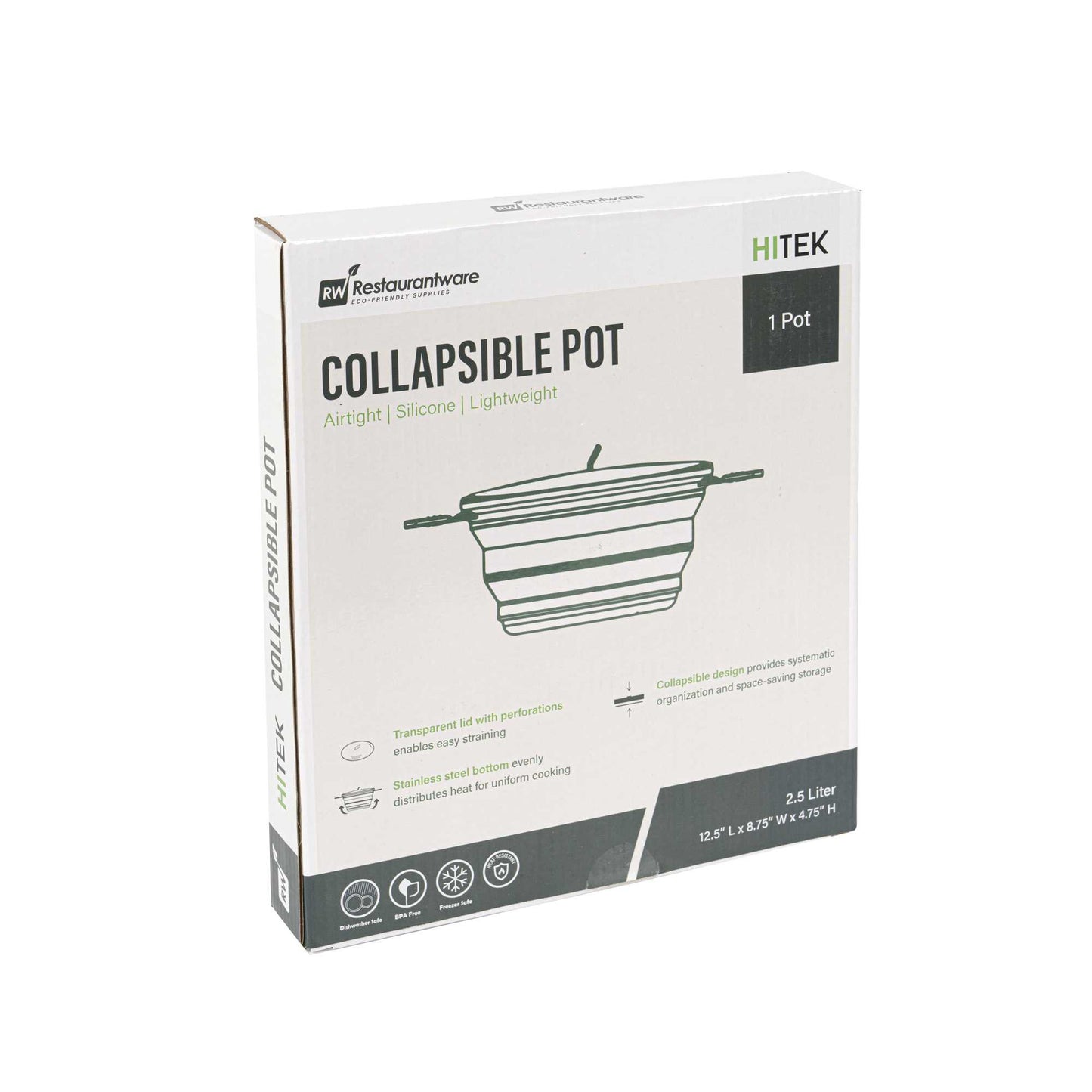 Hi Tek 2.5L Green Silicone Collapsible Pot - with Lid - 12 1/2" x 8 3/4" x 4 3/4" - 1 count box