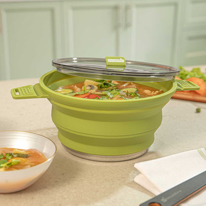 Hi Tek 2.5L Green Silicone Collapsible Pot - with Lid - 12 1/2" x 8 3/4" x 4 3/4" - 20 count box