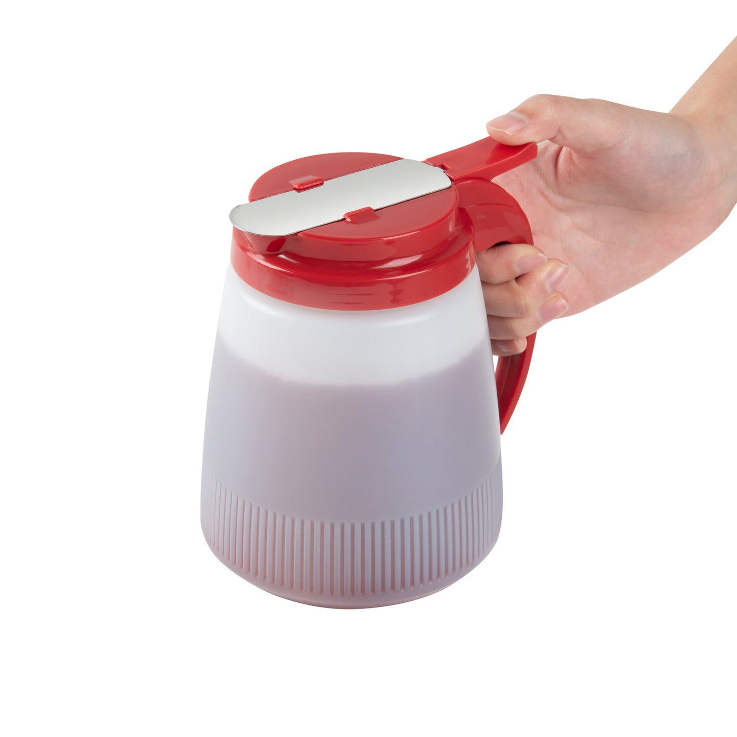 Chef 101 32 oz Red Plastic All Purpose / Syrup Dispenser - 5 1/2" x 4 1/2" x 5 3/4" - 1 count box