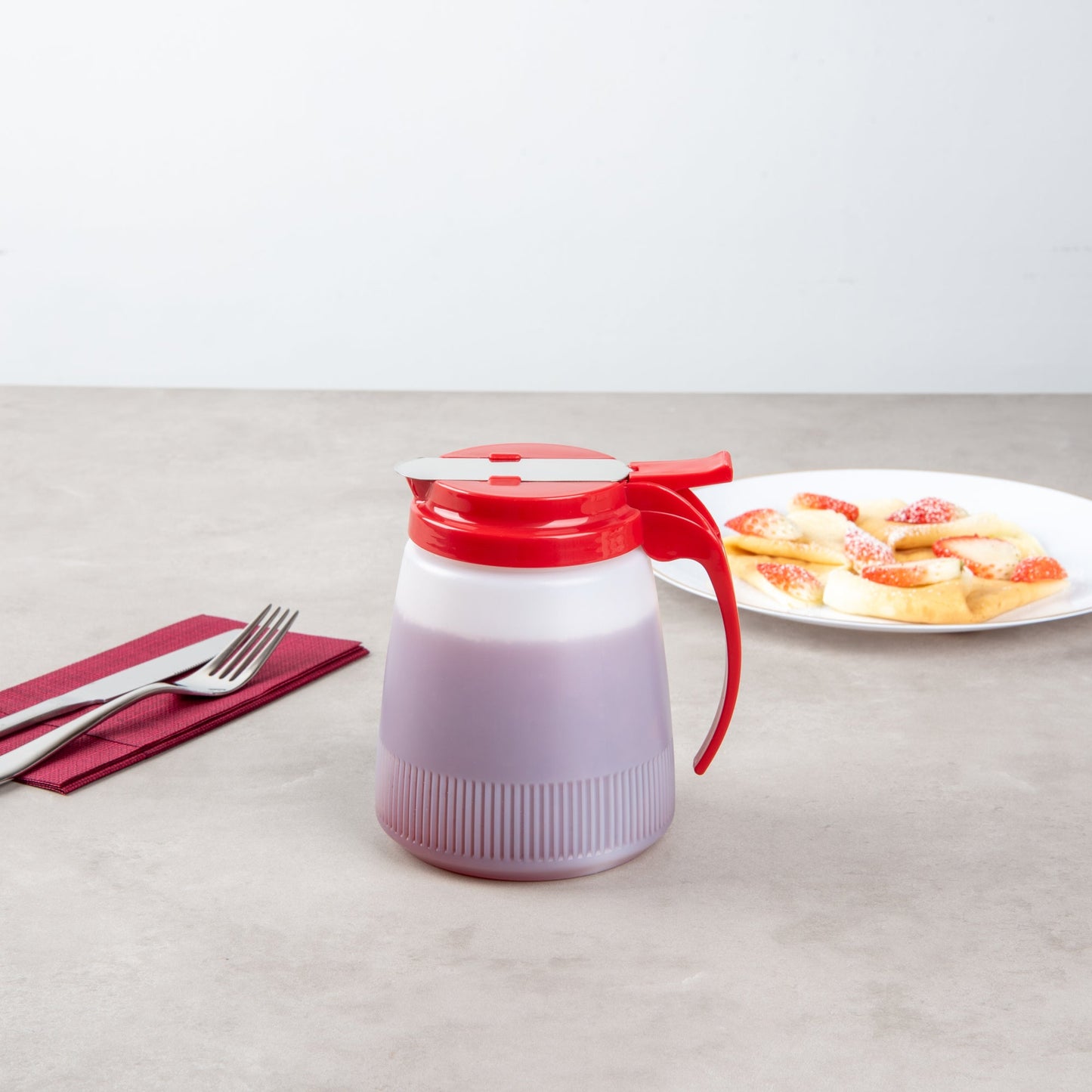 Chef 101 32 oz Red Plastic All Purpose / Syrup Dispenser - 5 1/2" x 4 1/2" x 5 3/4" - 10 count box