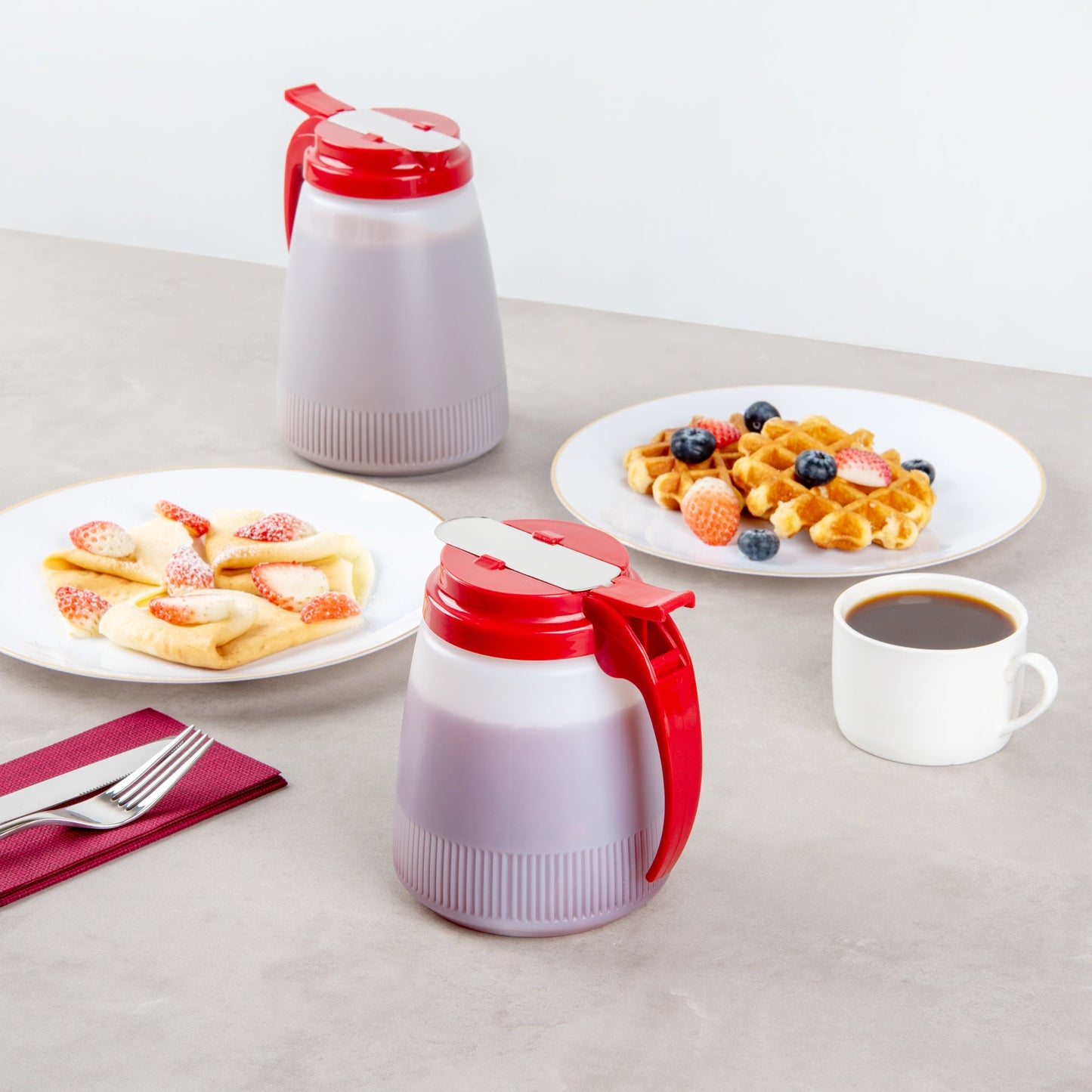 Chef 101 32 oz Red Plastic All Purpose / Syrup Dispenser - 5 1/2" x 4 1/2" x 5 3/4" - 10 count box