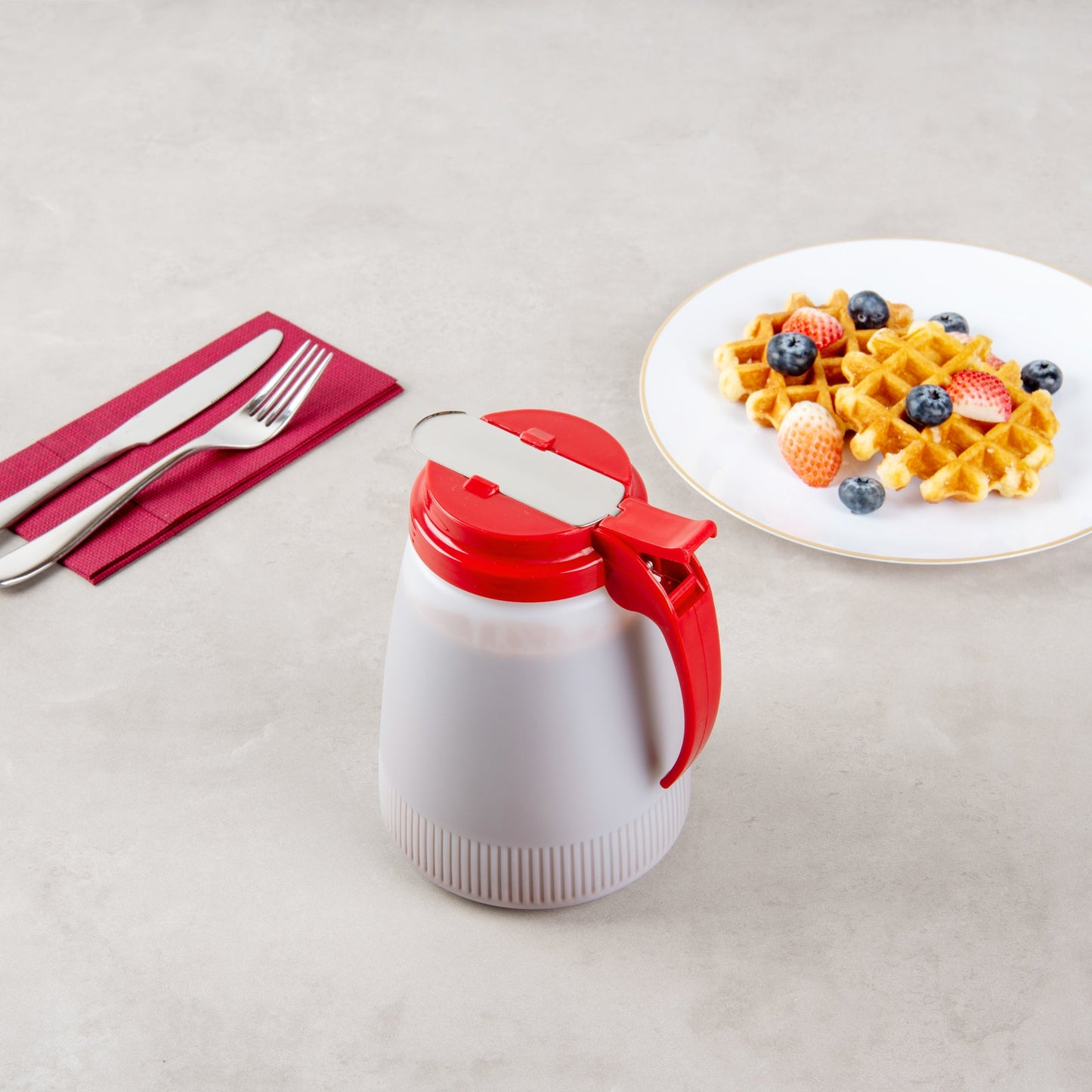Chef 101 48 oz Red Plastic All Purpose / Syrup Dispenser - 5 3/4" x 5" x 6 3/4" - 1 count box