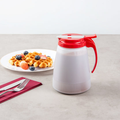 Chef 101 48 oz Red Plastic All Purpose / Syrup Dispenser - 5 3/4" x 5" x 6 3/4" - 10 count box