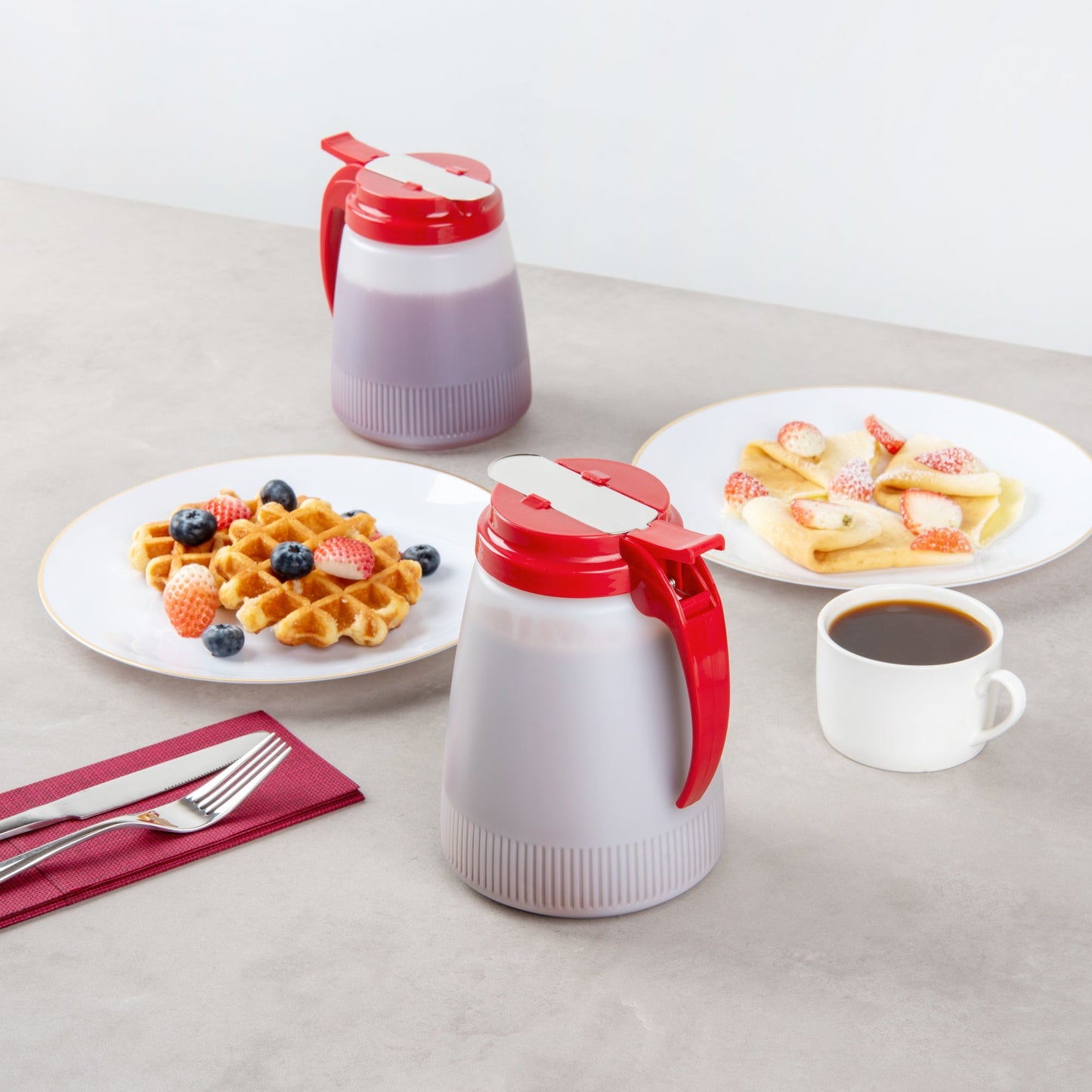 Chef 101 48 oz Red Plastic All Purpose / Syrup Dispenser - 5 3/4" x 5" x 6 3/4" - 10 count box