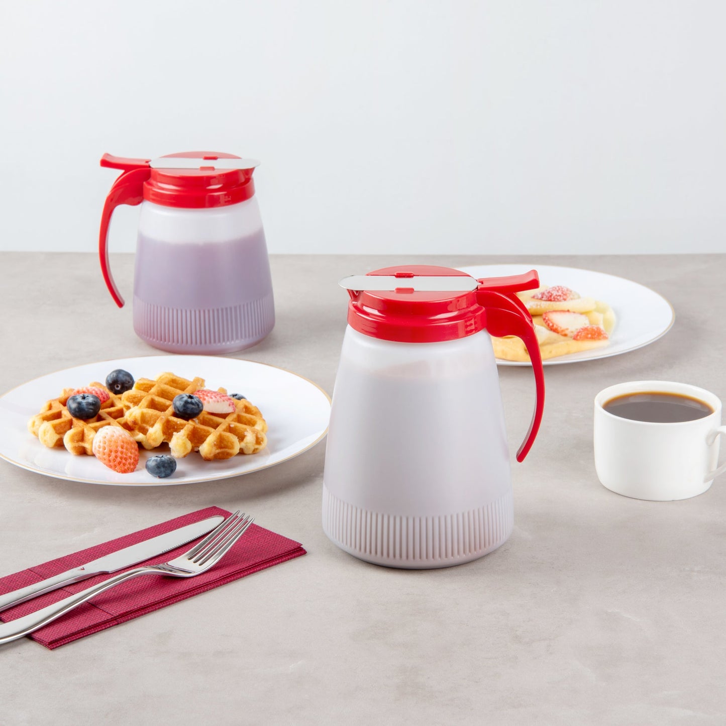 Chef 101 48 oz Red Plastic All Purpose / Syrup Dispenser - 5 3/4" x 5" x 6 3/4" - 10 count box