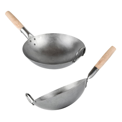 Motomori 12" Carbon Steel Round Bottom Wok / Stir Fry Pan - Hand Hammered, with Wooden Handle - 1 count box