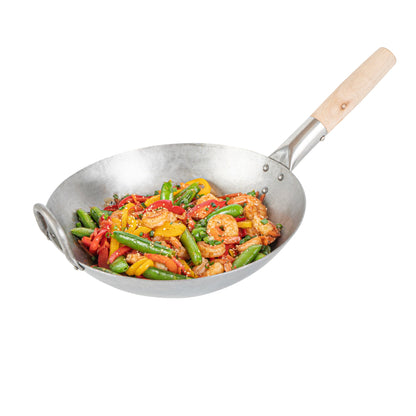 Motomori 12" Carbon Steel Round Bottom Wok / Stir Fry Pan - Hand Hammered, with Wooden Handle - 1 count box