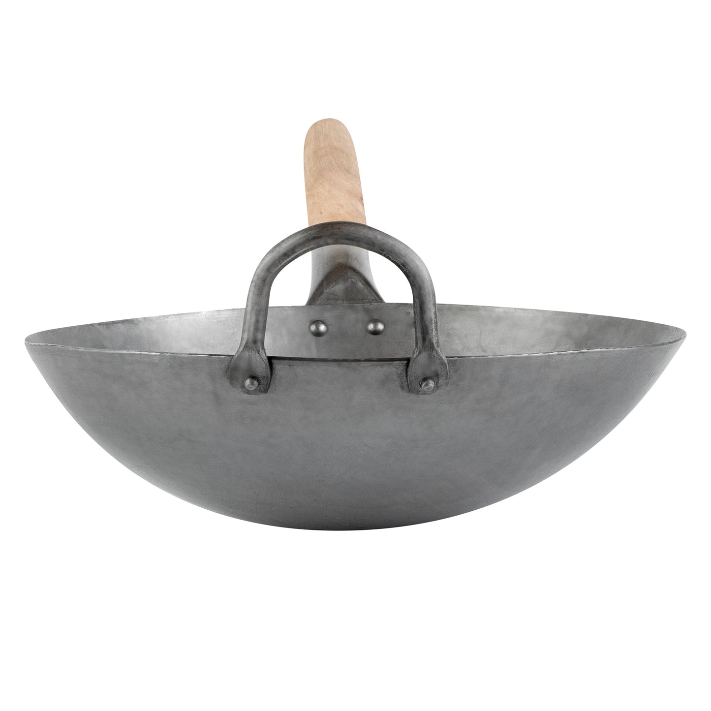 Motomori 12" Carbon Steel Round Bottom Wok / Stir Fry Pan - Hand Hammered, with Wooden Handle - 1 count box