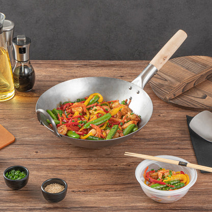 Motomori 12" Carbon Steel Round Bottom Wok / Stir Fry Pan - Hand Hammered, with Wooden Handle - 1 count box