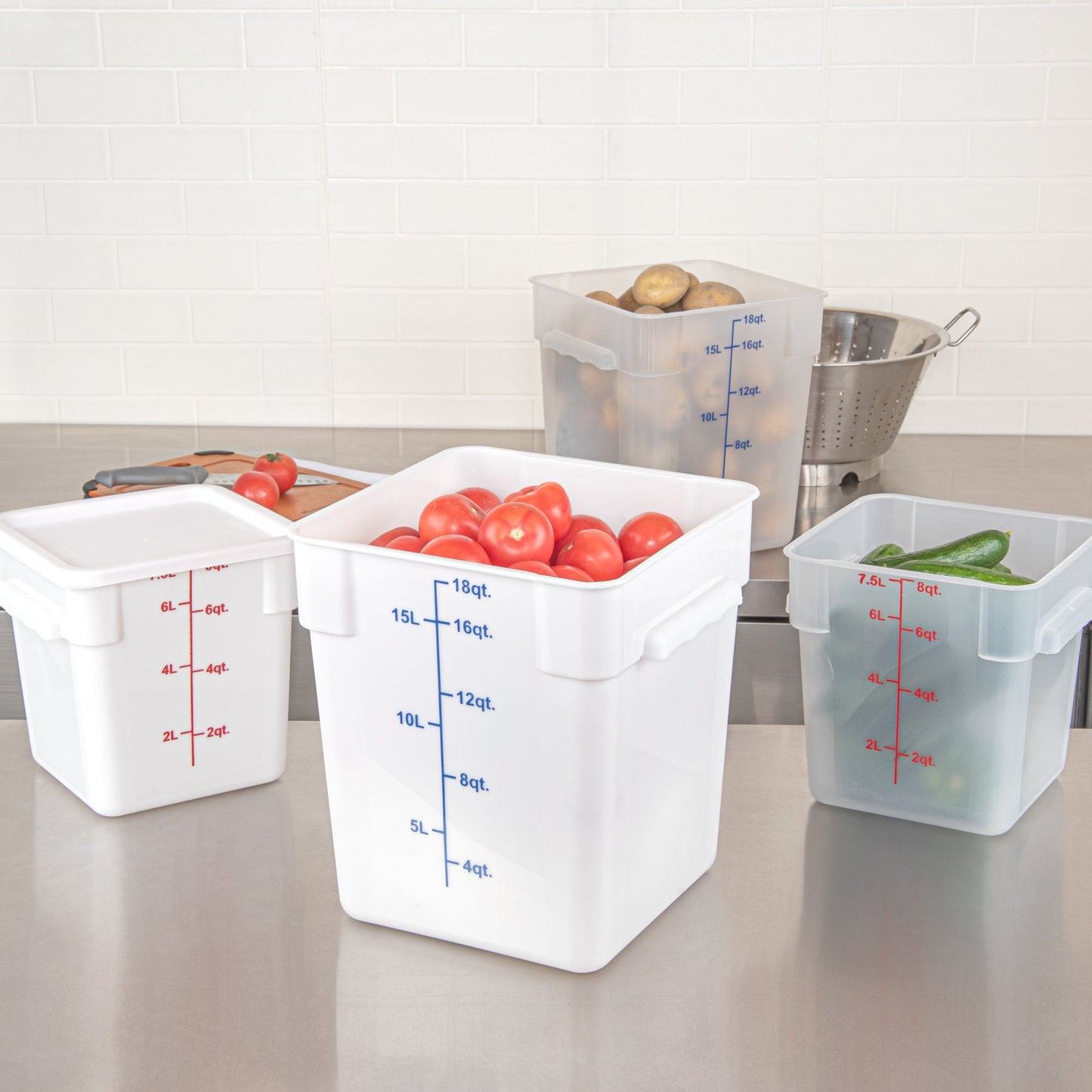 Met Lux 18 qt Square White Plastic Food Storage Container - with Blue Volume Markers - 11" x 11" x 12 1/2" - 10 count box