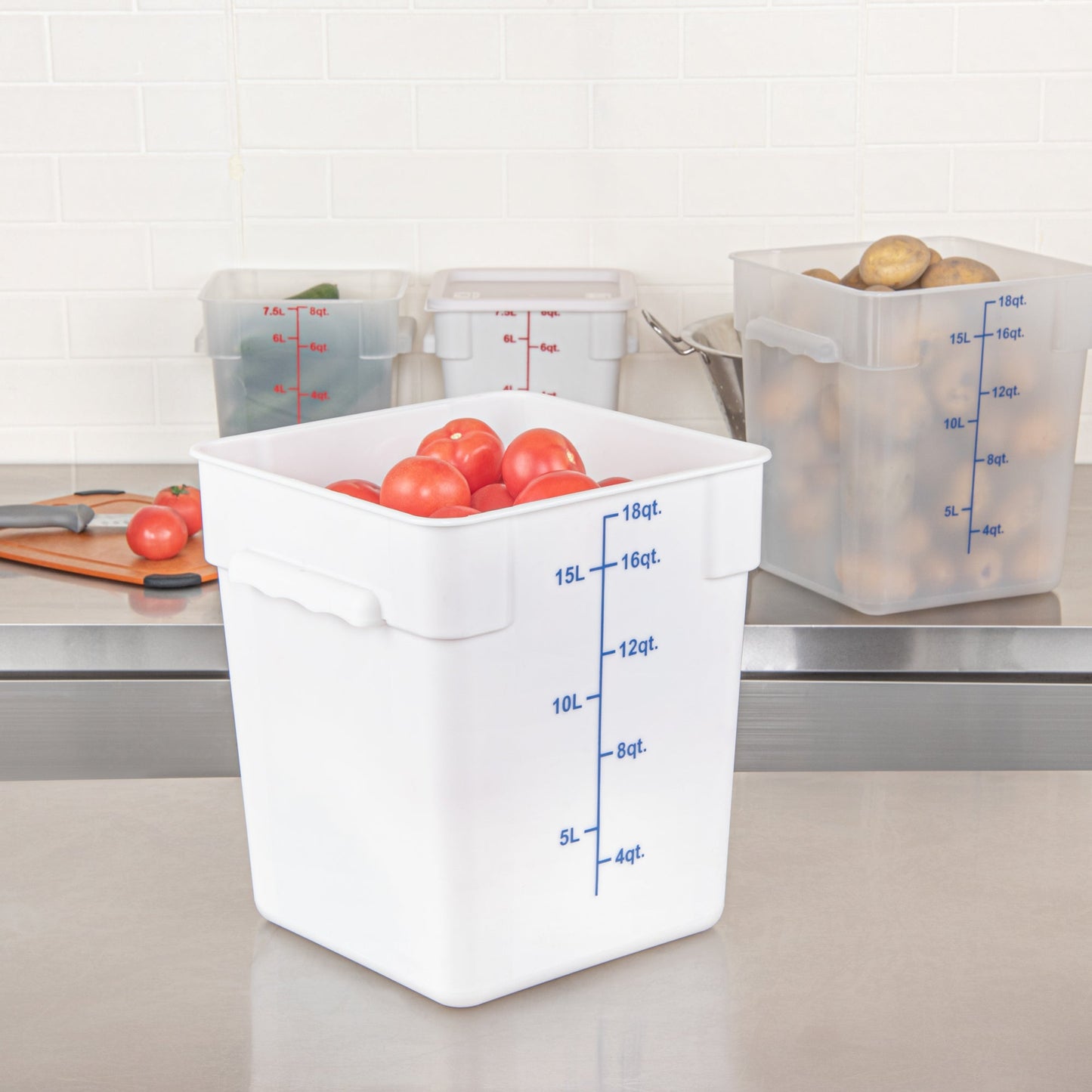 Met Lux 18 qt Square White Plastic Food Storage Container - with Blue Volume Markers - 11" x 11" x 12 1/2" - 10 count box
