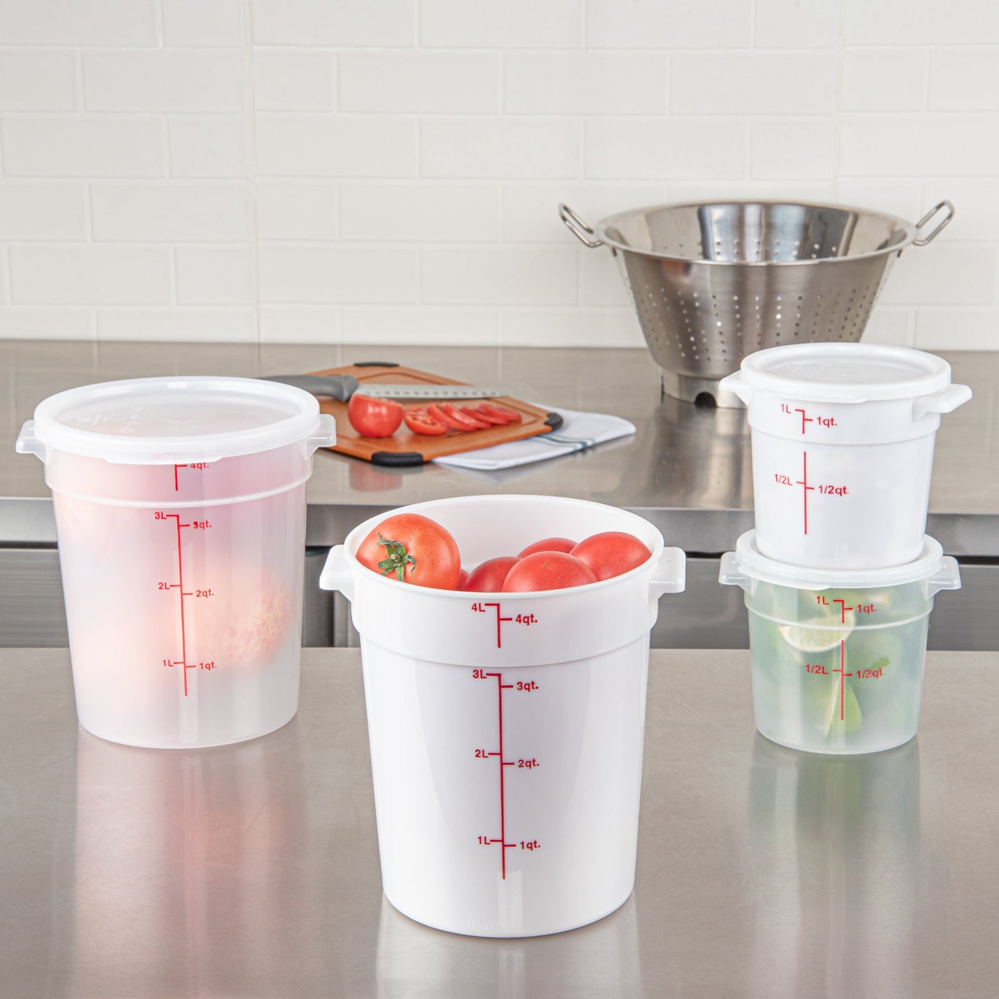 Met Lux 4 qt Round White Plastic Food Storage Container - with Red Volume Markers - 7 1/4" x 7 1/4" x 8 1/2" - 10 count box