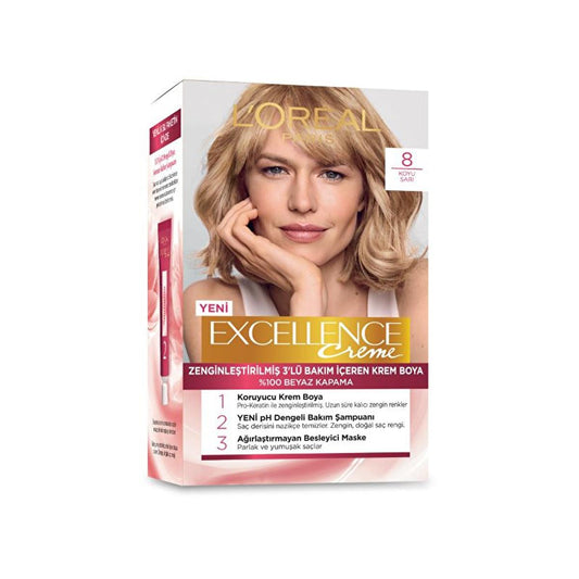 Loreal Paris Excellence Creme Hair Dye - 8 Dark Blonde, Long Lasting Color & Nourishment