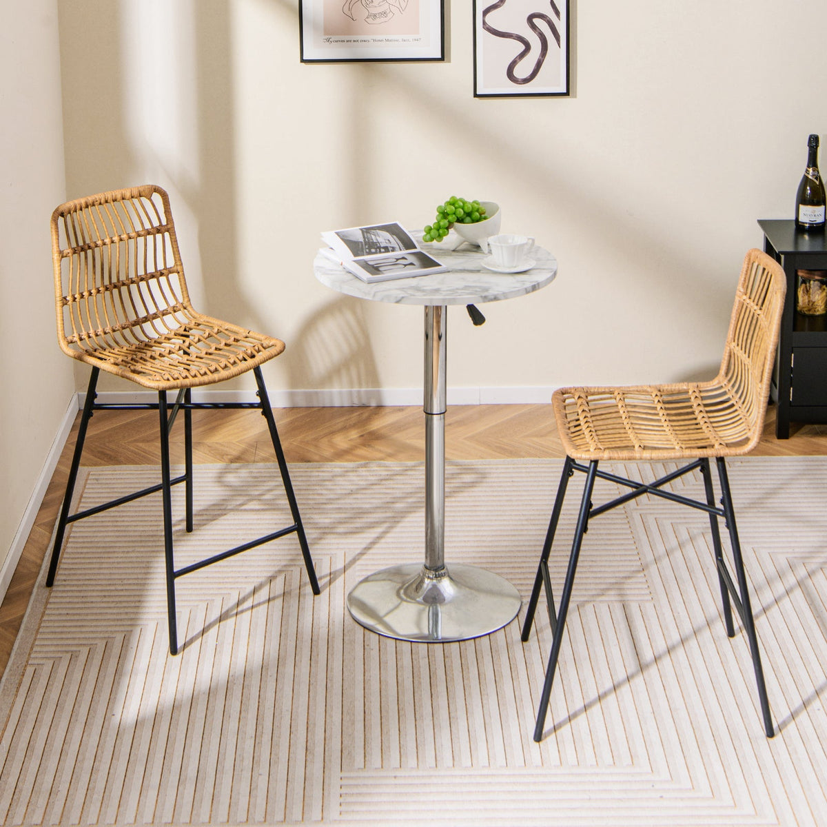 Set of 2 Rattan Bar Stools with Sturdy Metal Frame-Yellow