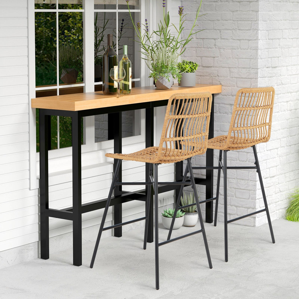 Set of 2 Rattan Bar Stools with Sturdy Metal Frame-Yellow