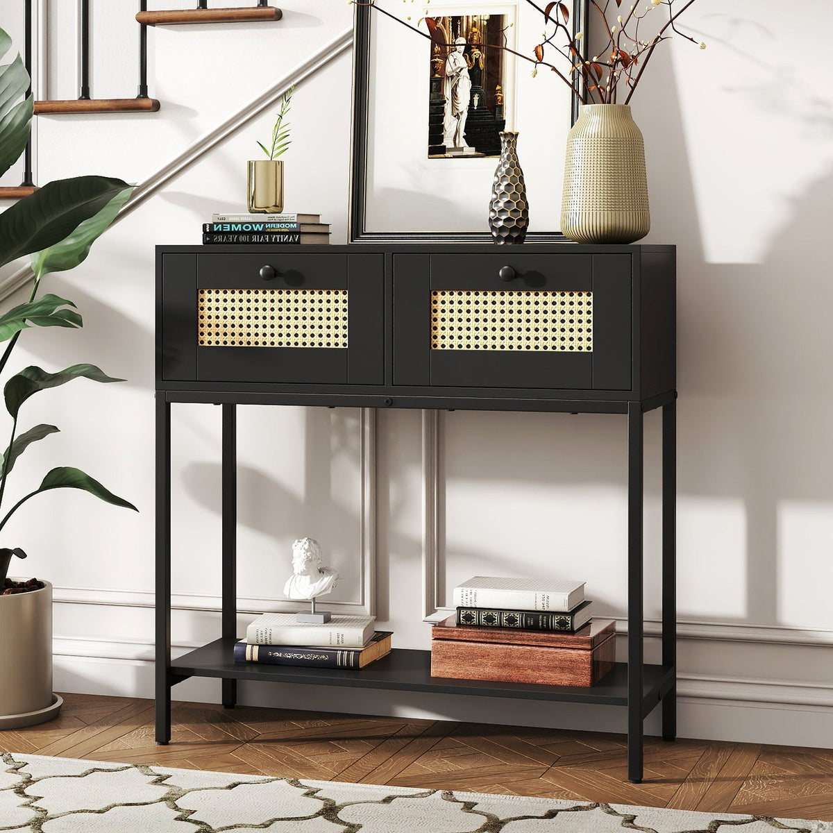Rattan Console Table Boho Entryway Table with 2 Rattan Drawers and Open Storage Shelf