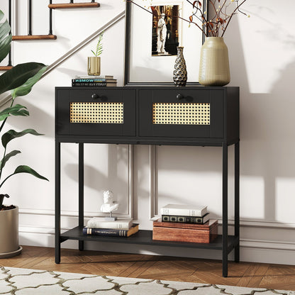 Rattan Console Table Boho Entryway Table with 2 Rattan Drawers and Open Storage Shelf