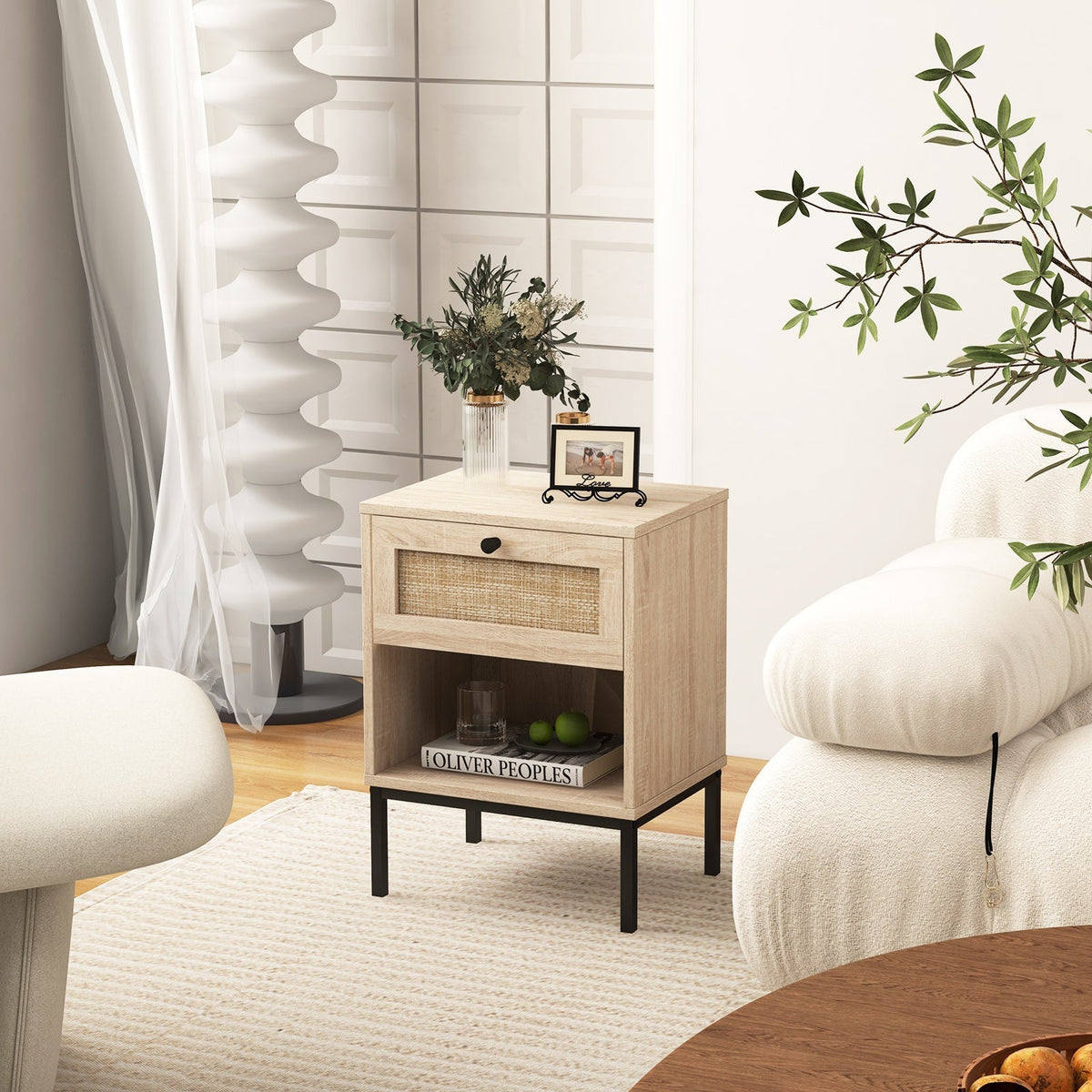 Rattan Nightstand Boho End Table with Rattan Drawer and Open Shelf