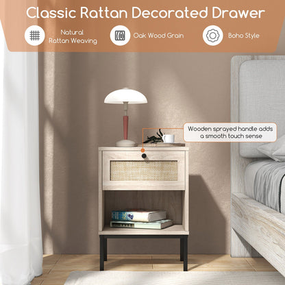Rattan Nightstand Boho End Table with Rattan Drawer and Open Shelf