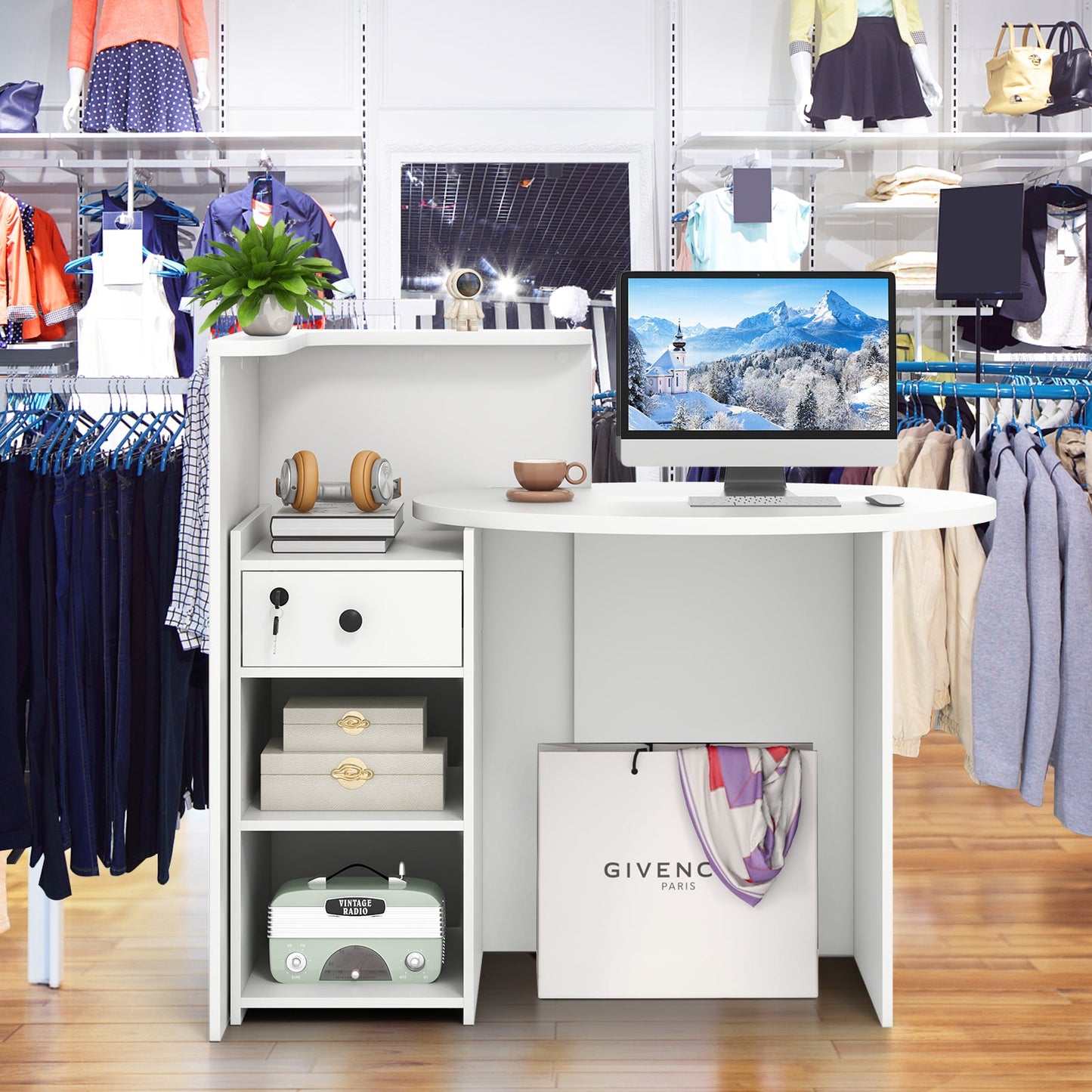 Front Reception Office Desk with Open Shelf and Lockable Drawer