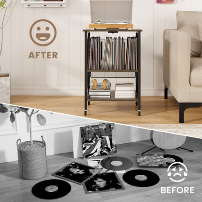 Mid-Century Record Player Stand with Built-in Charging Station