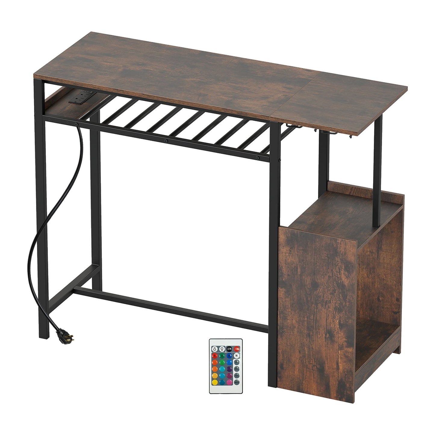 Rectangular Bar Table with Charging Station and LED Light-Rustic Brown