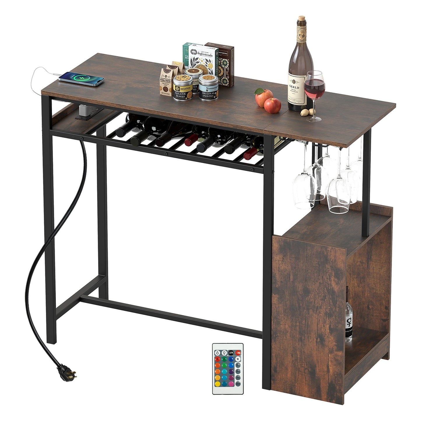 Rectangular Bar Table with Charging Station and LED Light-Rustic Brown