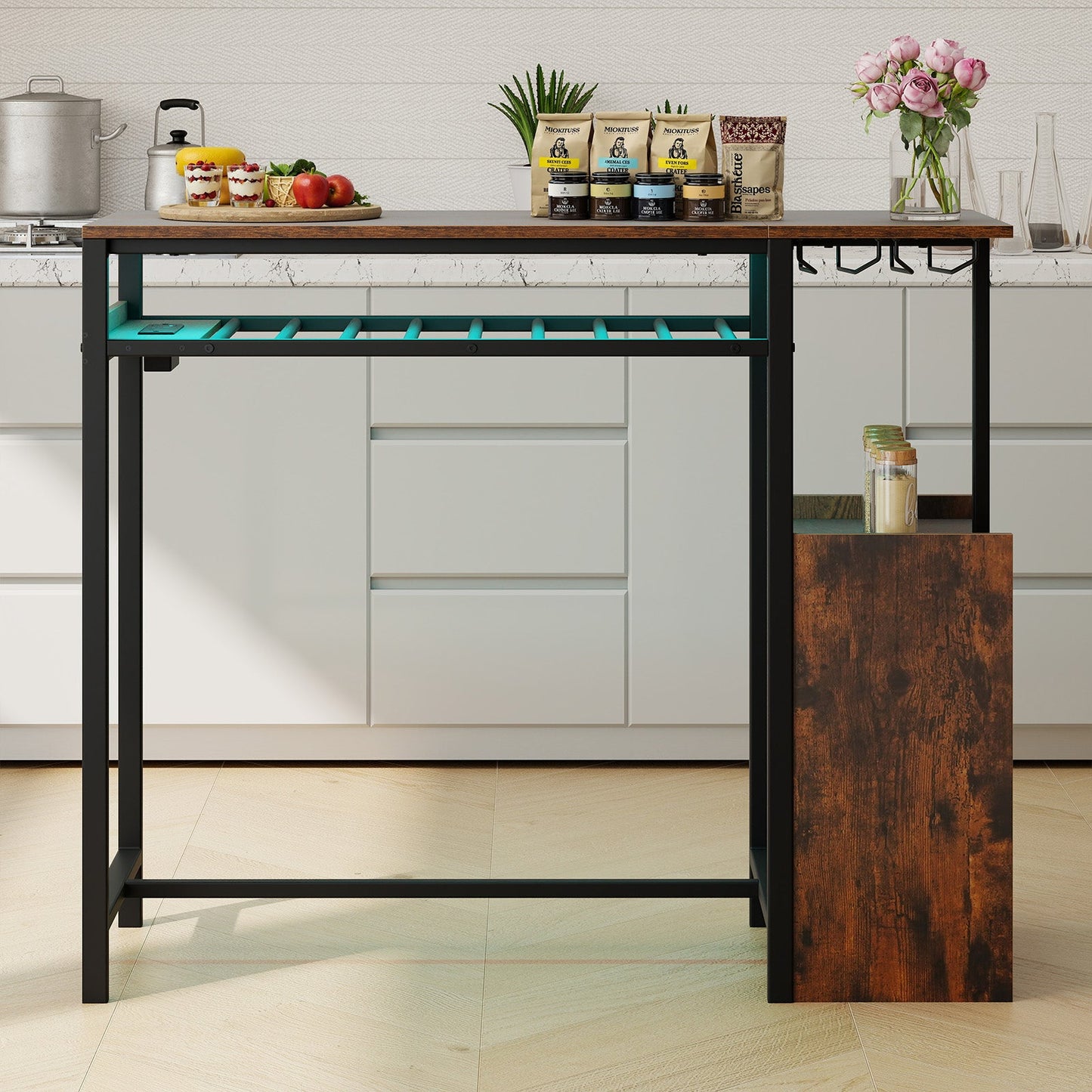 Rectangular Bar Table with Charging Station and LED Light-Rustic Brown