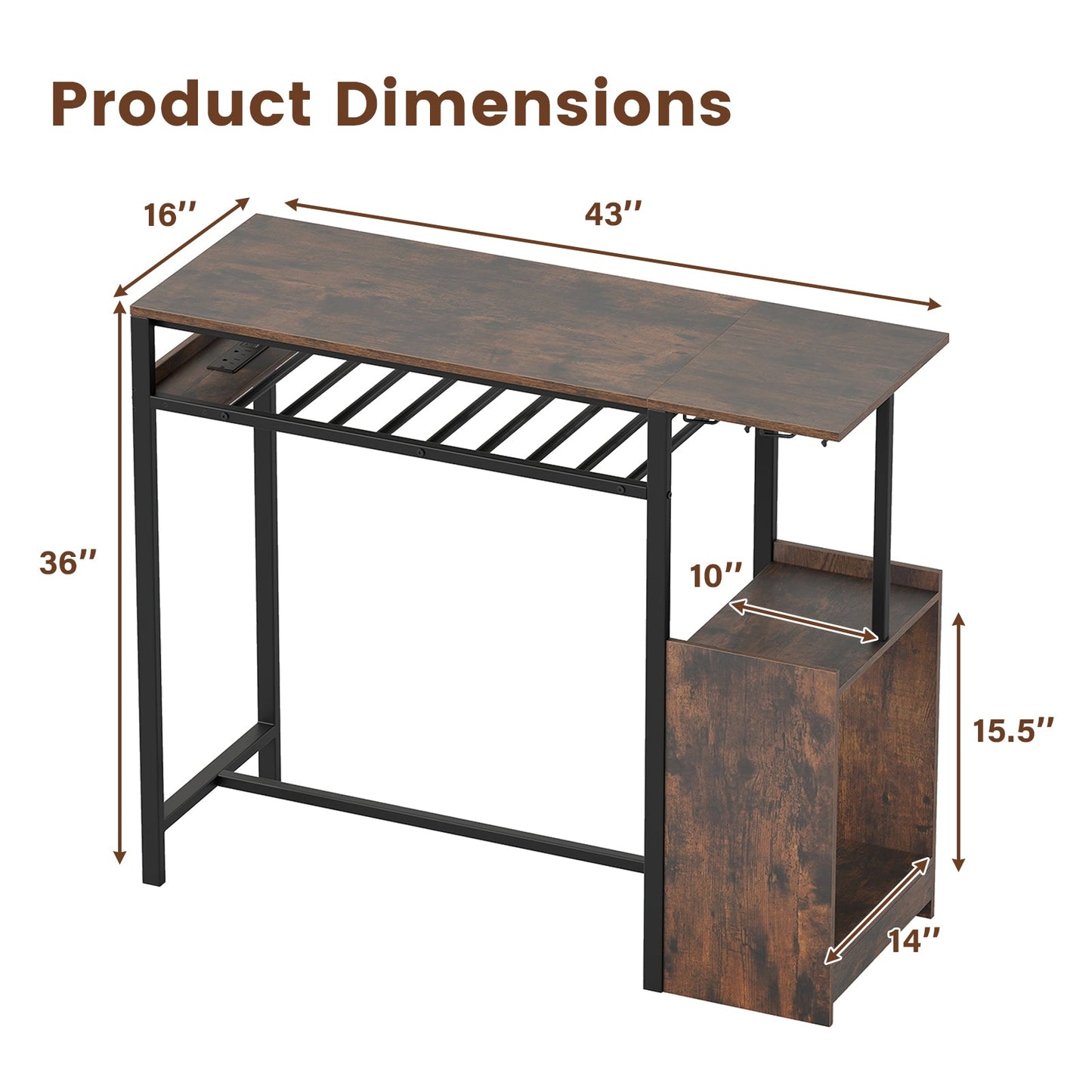 Rectangular Bar Table with Charging Station and LED Light-Rustic Brown