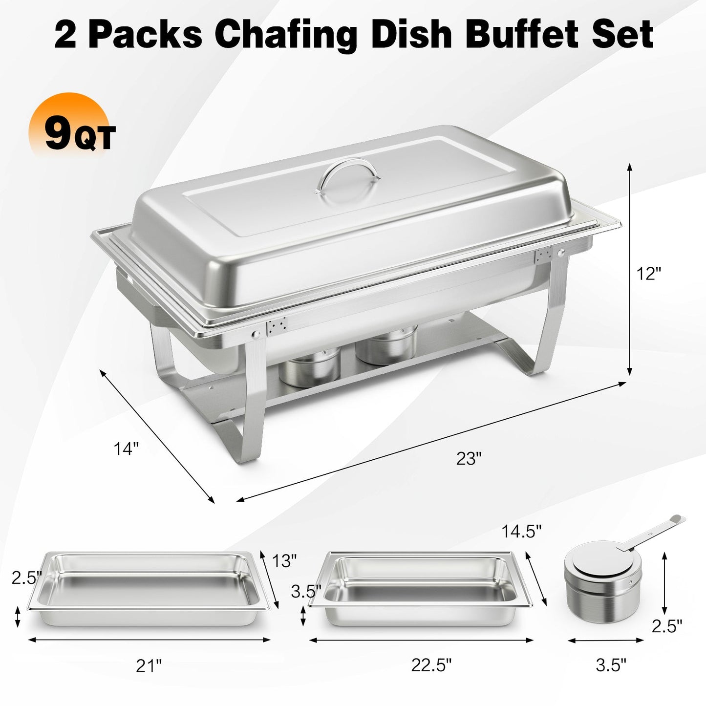 2 Packs Chafing 9 Quart Stainless Rectangular Chafer Buffet