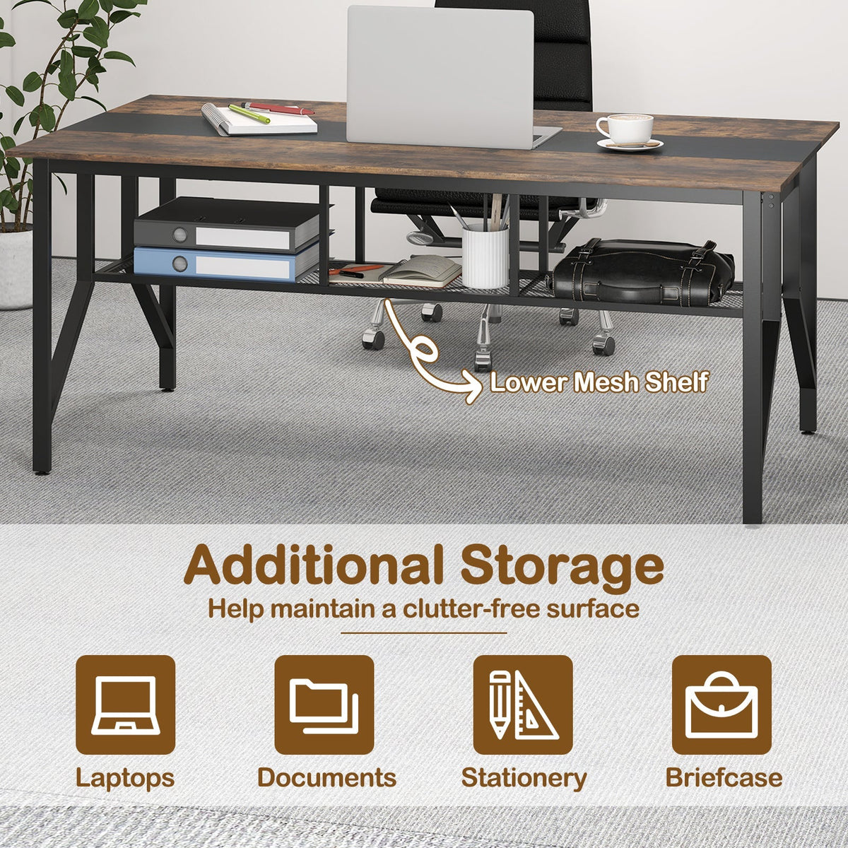Rectangular Meeting Table with Mesh Storage Shelf and Cable Grommet-Rustic Brown