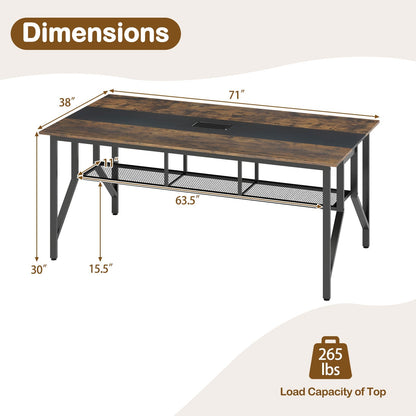 Rectangular Meeting Table with Mesh Storage Shelf and Cable Grommet-Rustic Brown