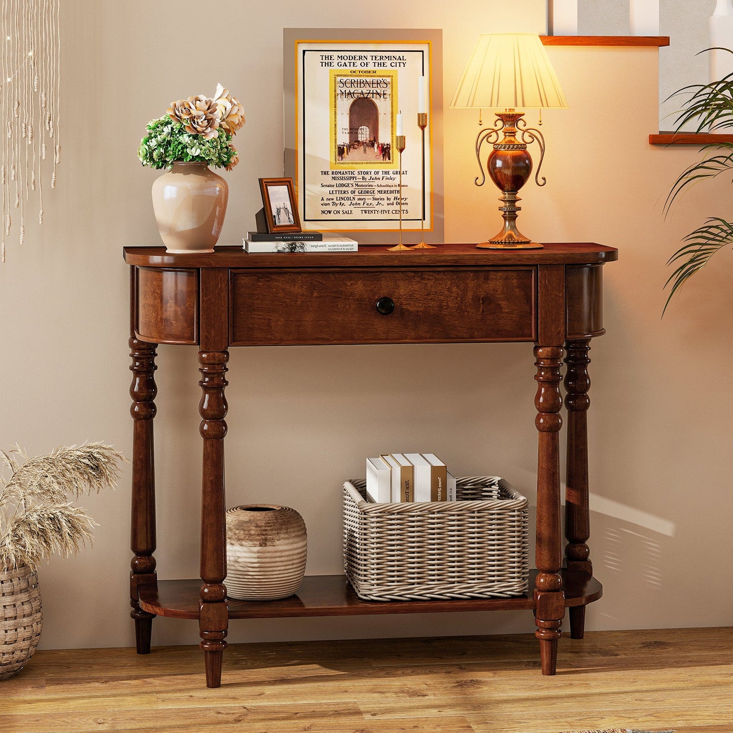 Retro Console Table 36"L Wooden 2-Tier Narrow Behind Couch Foyer Table