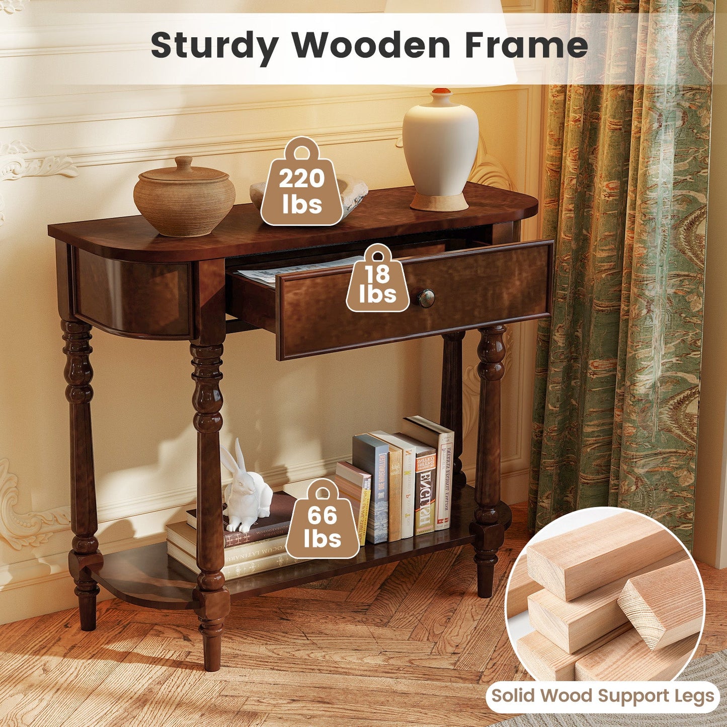 Retro Console Table 36"L Wooden 2-Tier Narrow Behind Couch Foyer Table