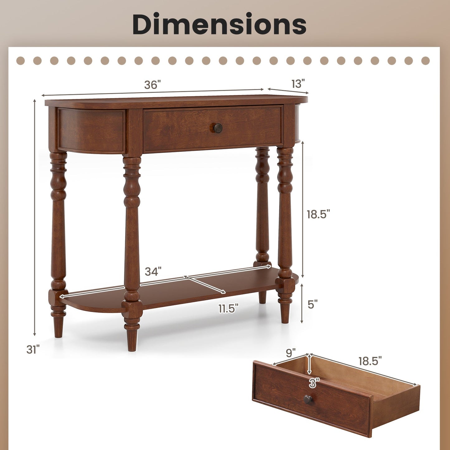 Retro Console Table 36"L Wooden 2-Tier Narrow Behind Couch Foyer Table
