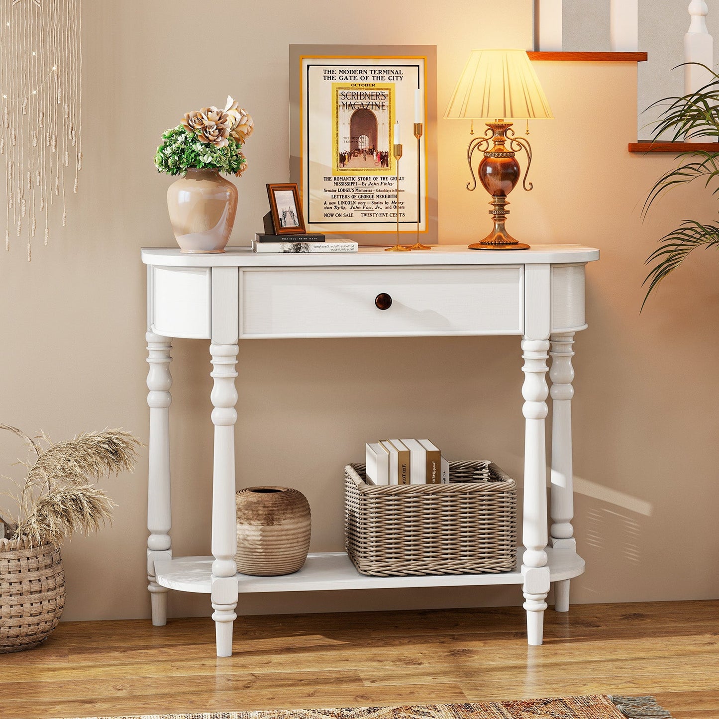 Retro Console Table 36"L Wooden 2-Tier Narrow Behind Couch Foyer Table