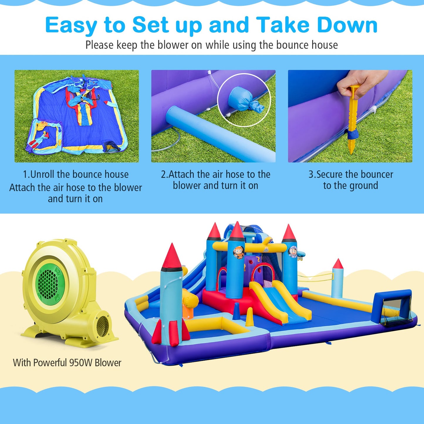 Rocket Theme Inflatable Water Slide Park with 950W Blower