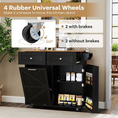 Rolling Kitchen Island with Trash Can Cabinet and Rubber Universal Wheels