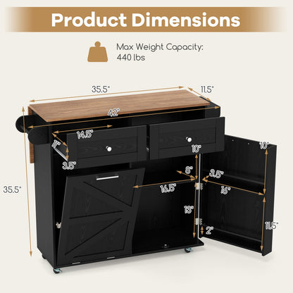Rolling Kitchen Island with Trash Can Cabinet and Rubber Universal Wheels