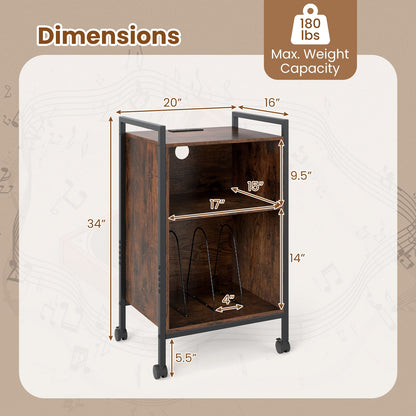 Mobile Record Player Stand with Power Outlet-Rustic Brown