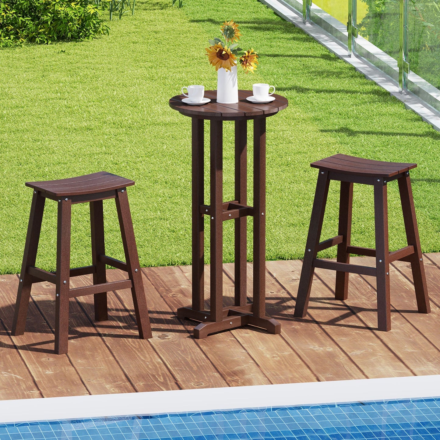 21.5 Inch Round Bar Table Patio HDPE Bar Height Dining Table with Slatted Tabletop