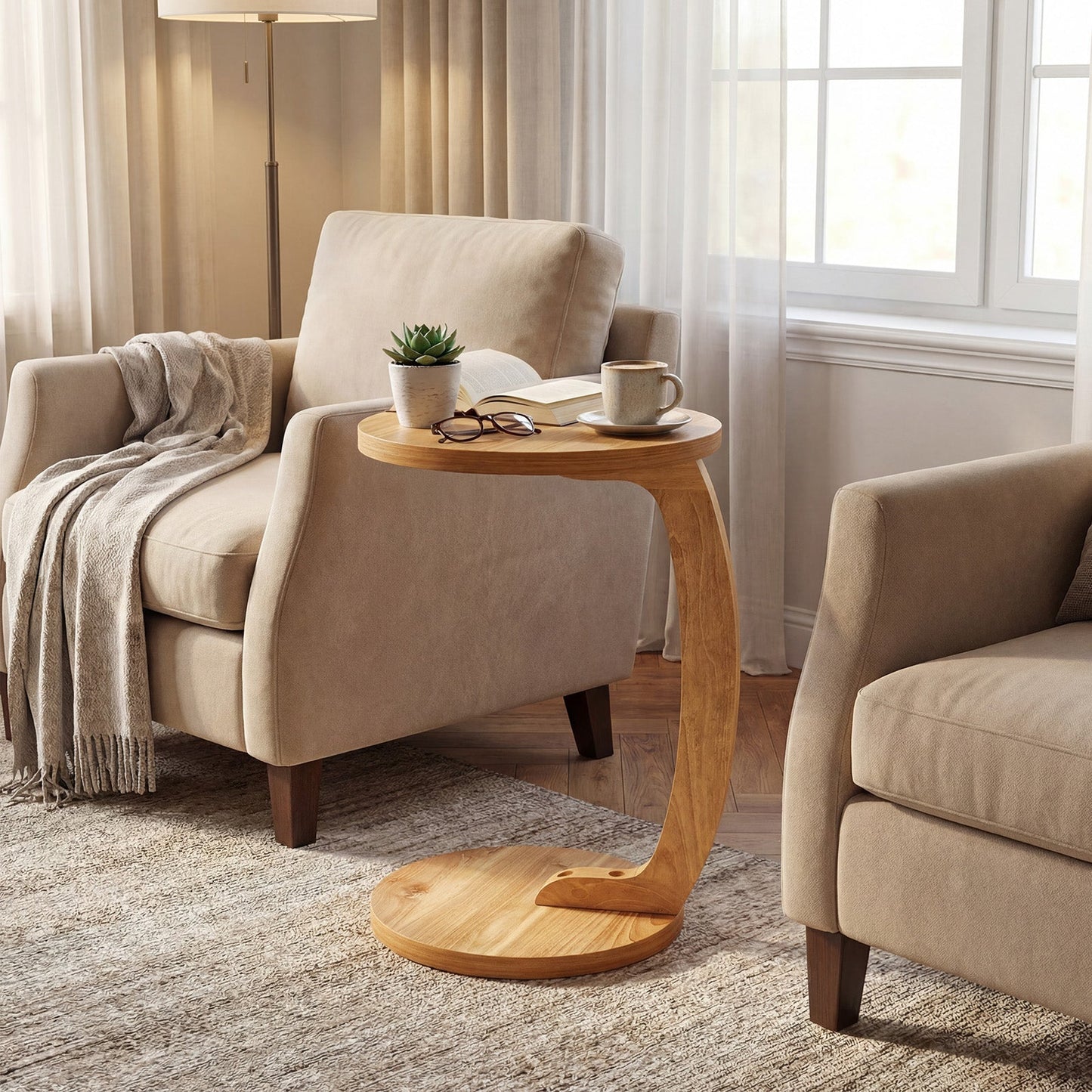 24 Inch Round C-shaped Side Table with Thickened Top and Sturdy Base