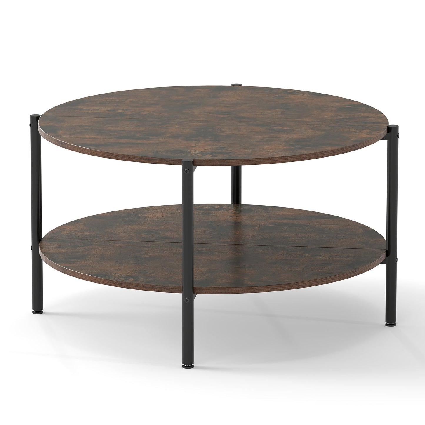 Round Coffee Table 2-Tier Industrial Accent Table with Open Storage Shelf-Rustic Brown
