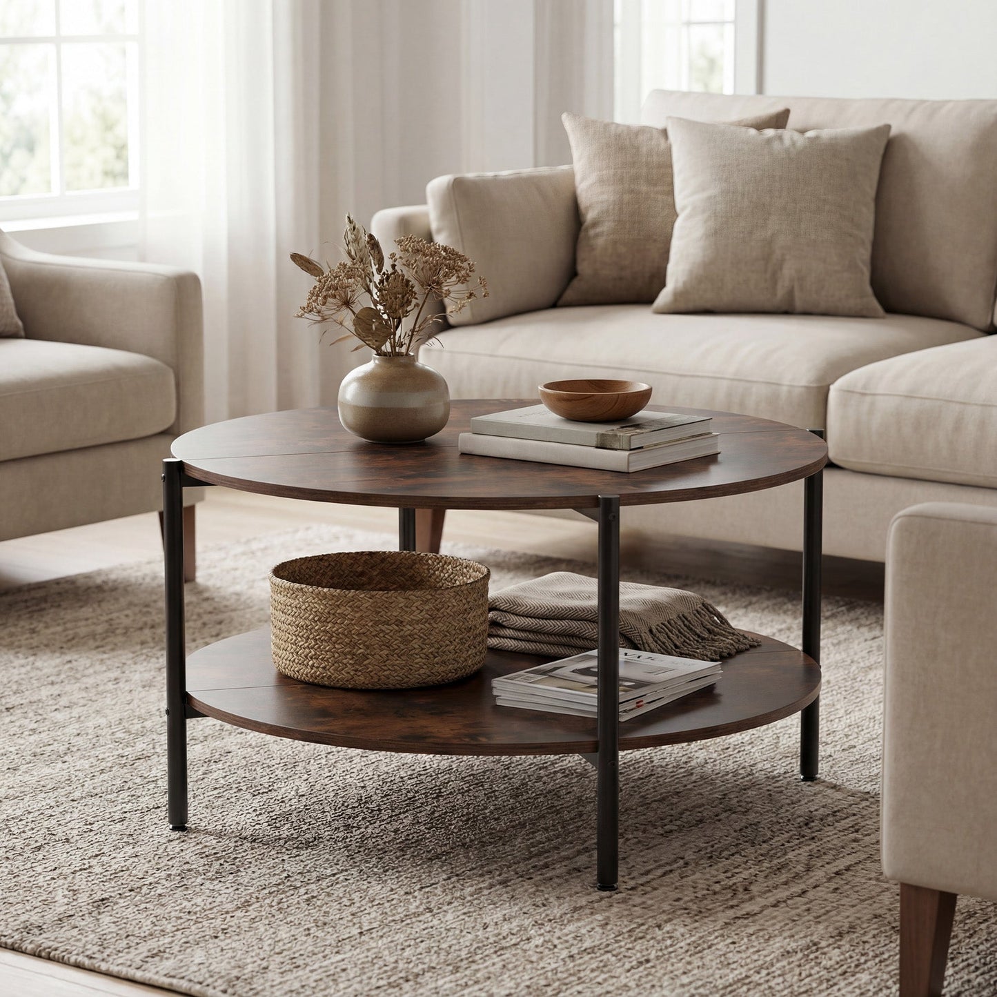 Round Coffee Table 2-Tier Industrial Accent Table with Open Storage Shelf-Rustic Brown