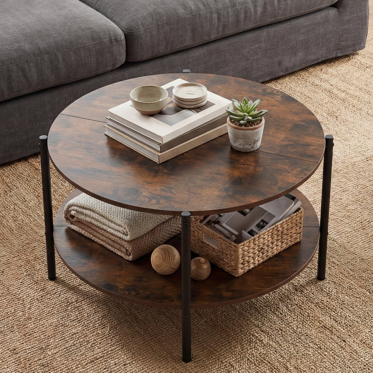 Round Coffee Table 2-Tier Industrial Accent Table with Open Storage Shelf-Rustic Brown