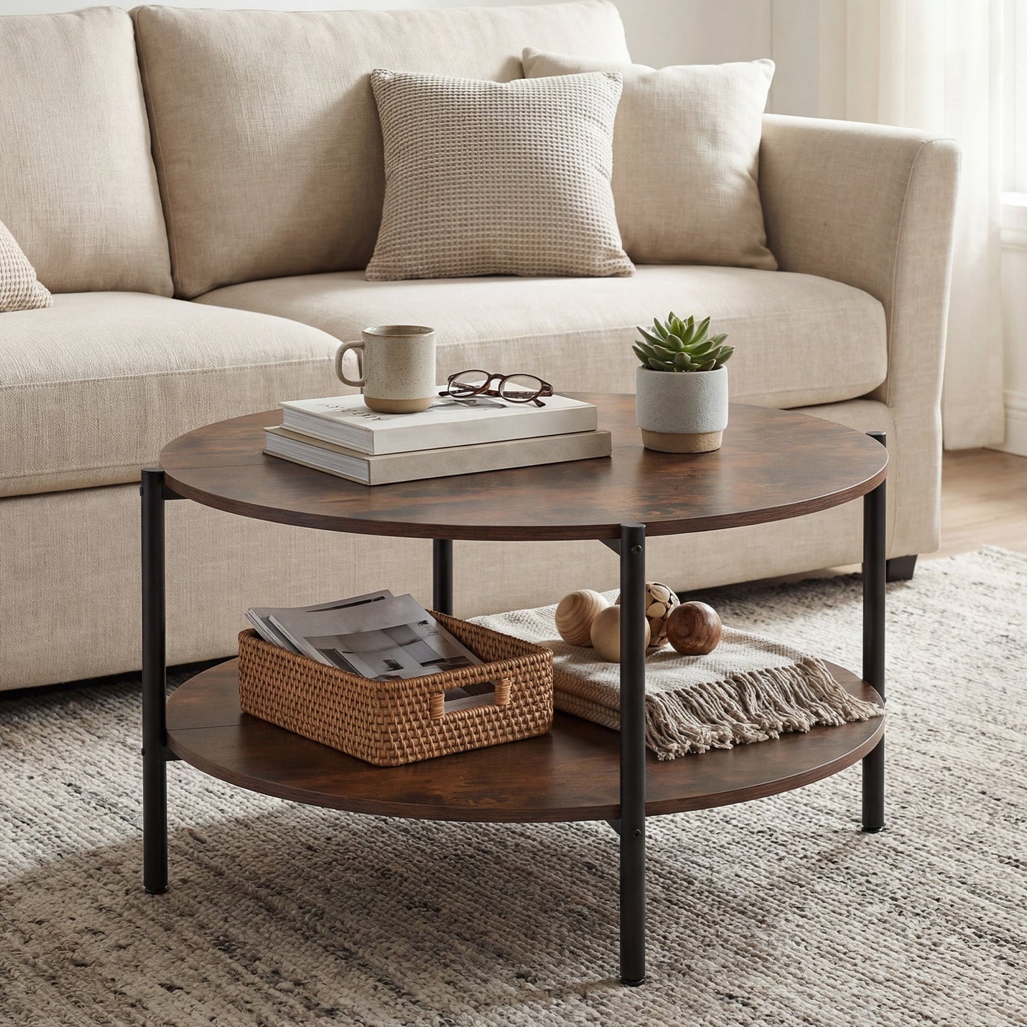 Round Coffee Table 2-Tier Industrial Accent Table with Open Storage Shelf-Rustic Brown