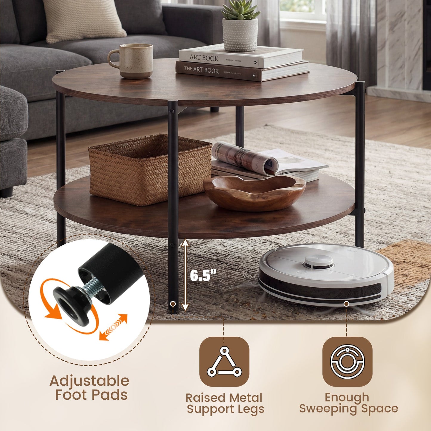 Round Coffee Table 2-Tier Industrial Accent Table with Open Storage Shelf-Rustic Brown