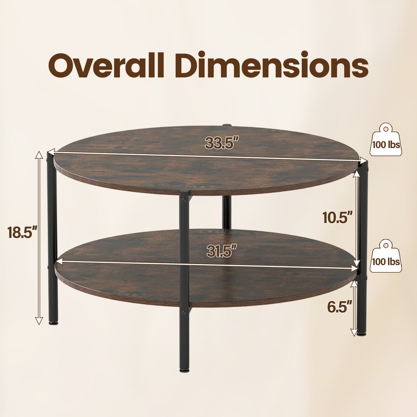 Round Coffee Table 2-Tier Industrial Accent Table with Open Storage Shelf-Rustic Brown